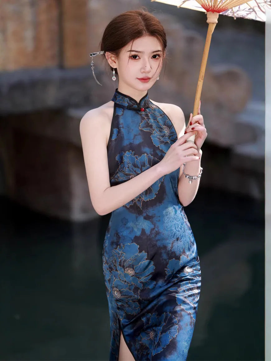 Blue Floral Halter Qipao Cheongsam Dress | Midnight Blossom