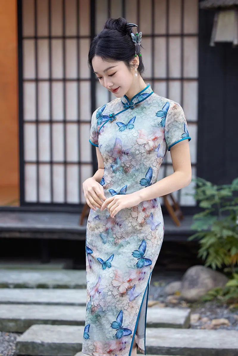 Blue Midi Length Qipao Dress with Butterfly and Floral Print