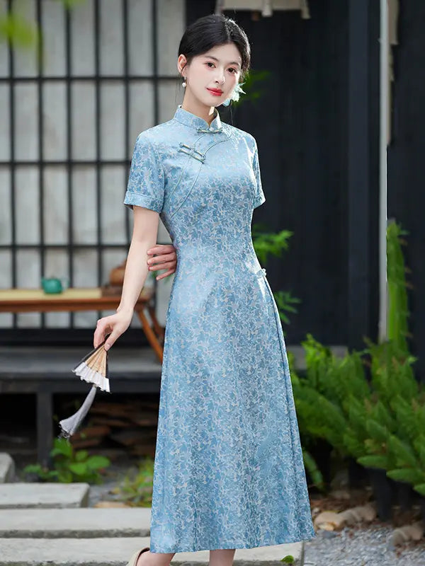 Modern Floral Short Sleeve A-Line Qipao Dress