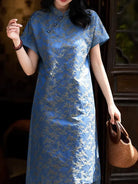 Blue Modern Silk-Cotton Blend Jacquard A-Line Loose Qipao