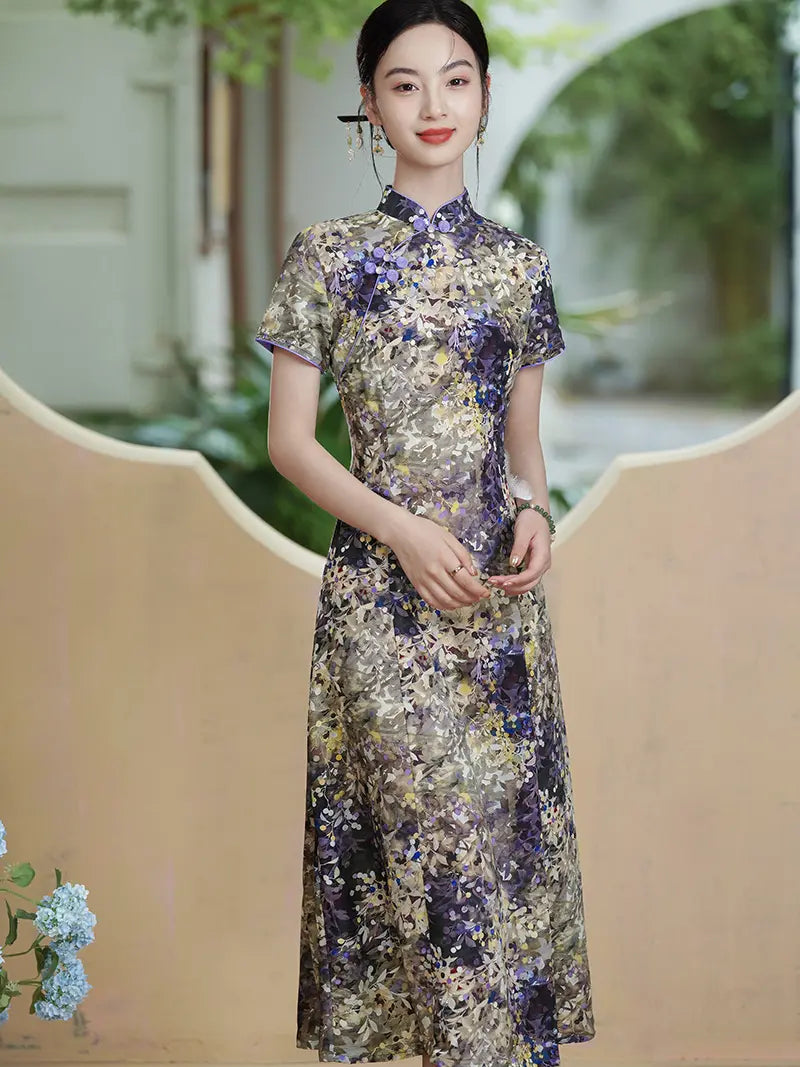 Botanical Violet & Olive Floral Jacquard Modern A Line Qipao