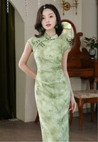 Cap Sleeves Green Bamboo Print Qipao