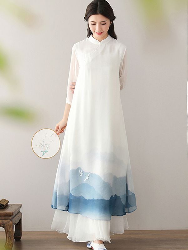 Chinese Dress Improved Cheongsam Dress Zen Tea Clothes