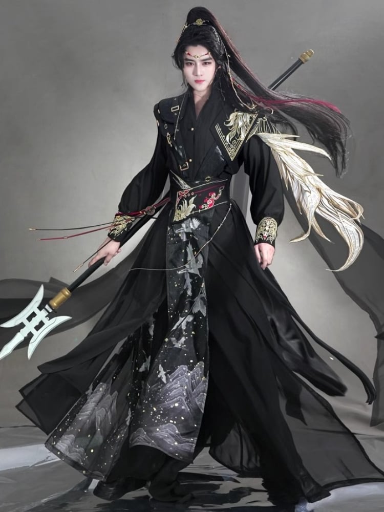 Hanfu Clothing Male | Black Gold Xuanniao Cloak Set