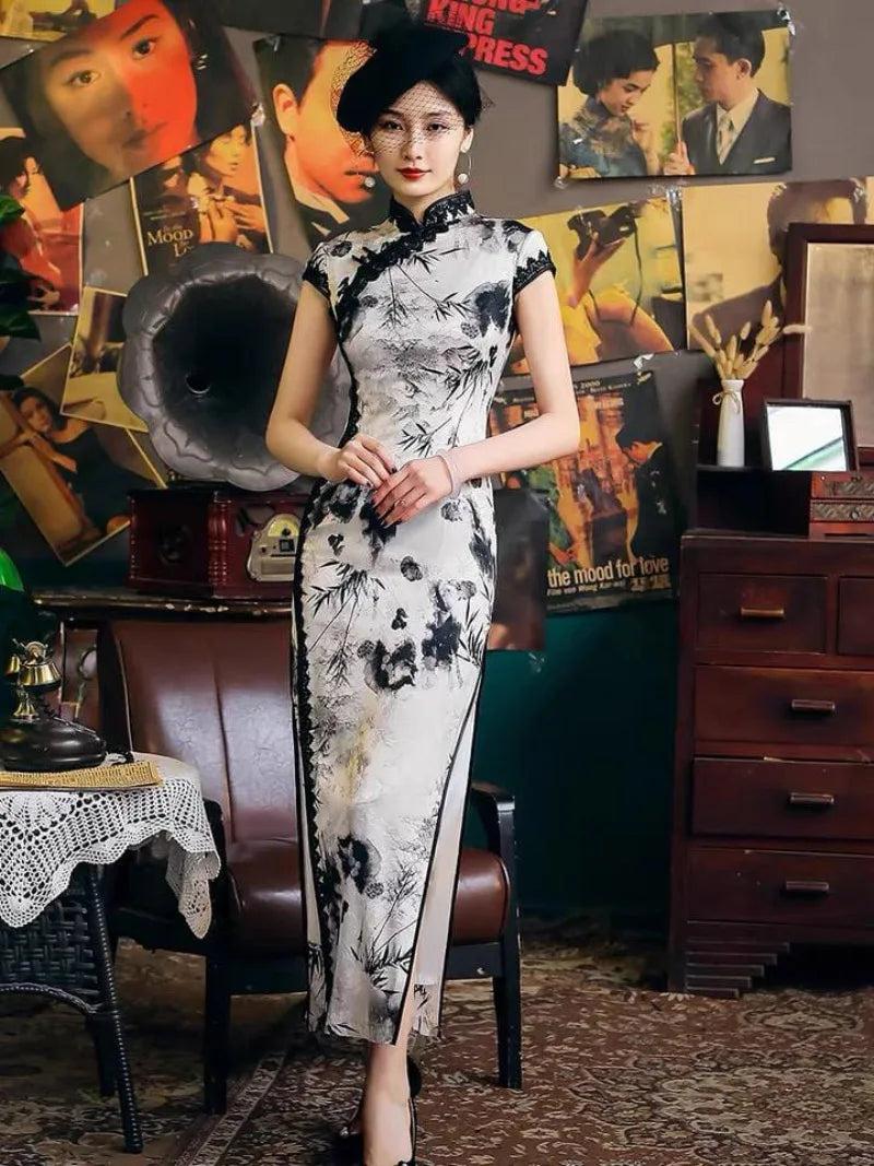 19 mome mulberry silk, Chinese Dress ink painting, High end long Qipao
