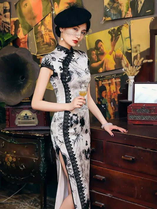 19 mome mulberry silk, Chinese Dress ink painting, High end long Qipao