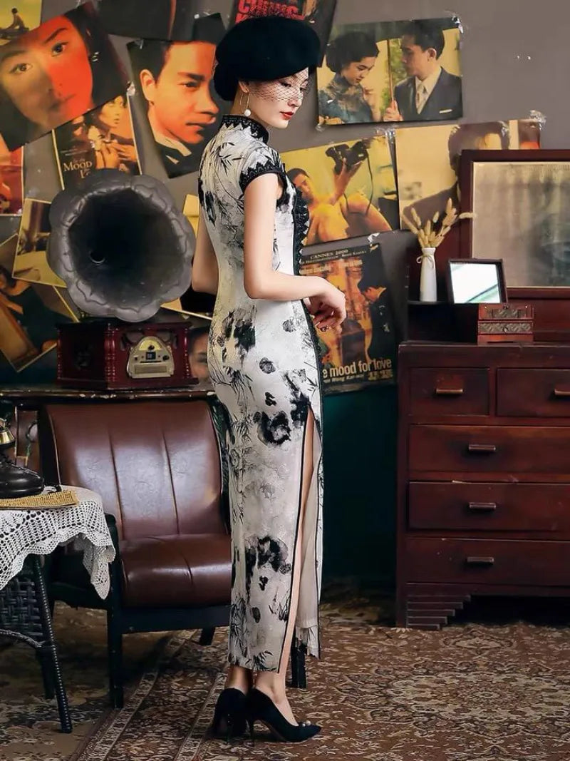 19 mome mulberry silk, Chinese Dress ink painting, High end long Qipao