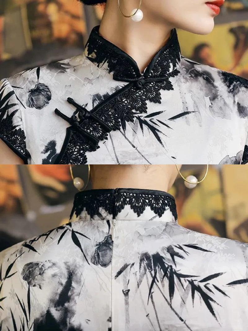 Natural silk, Chinese ink painting, High-end long Qipao
