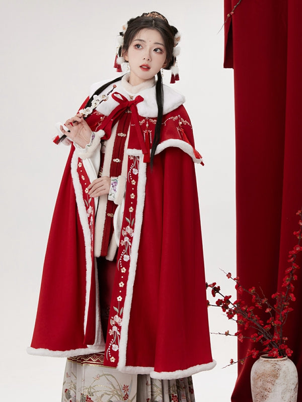 Chinese Long Plush Hanfu Winter Cloak Red