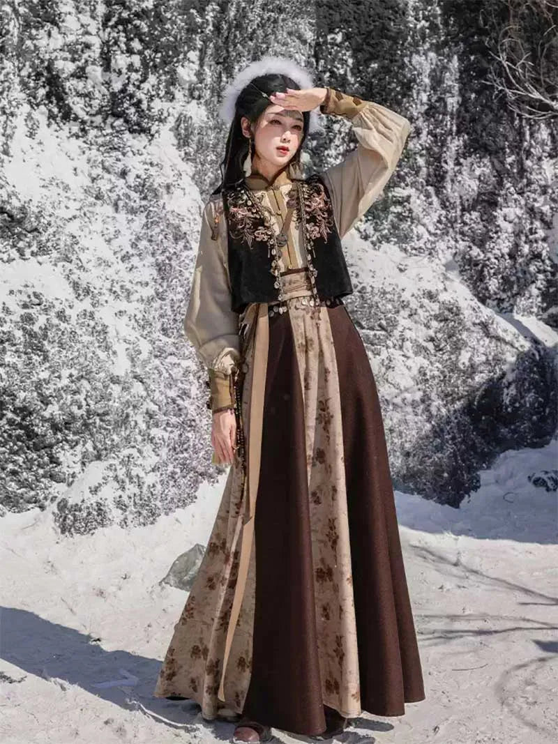 Chinese Modern Hanfu embroidered Tang-style blouse with flowing skirt 