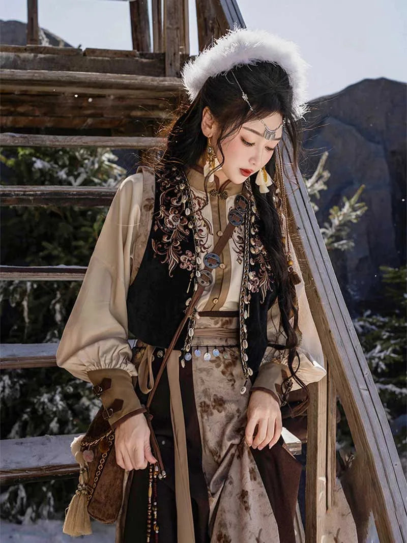 Chinese Modern Hanfu embroidered Tang-style blouse with flowing skirt 