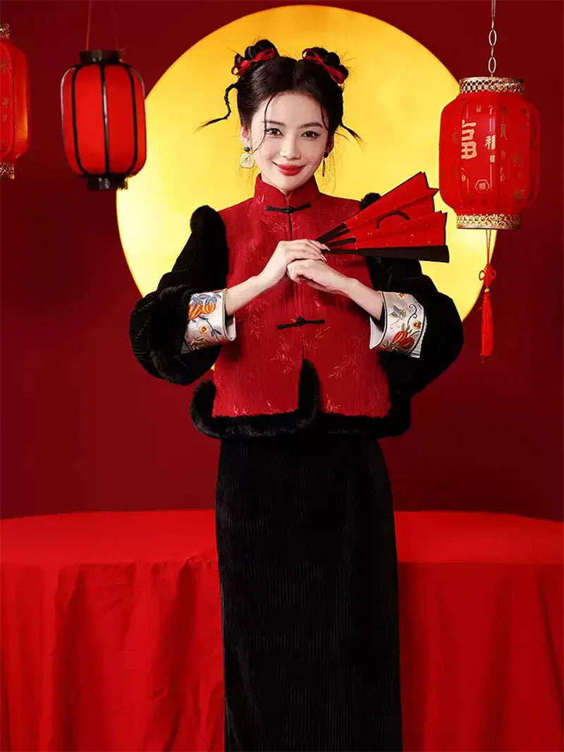 Chinese New Year qipao with red plush vest and black corduroy dress