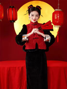 Chinese New Year qipao with red plush vest and black corduroy dress