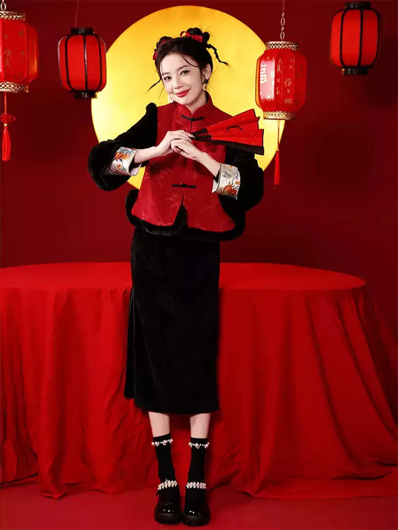 Chinese New Year qipao with red plush vest and black corduroy dress