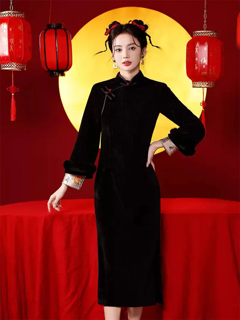 Chinese New Year qipao with red plush vest and black corduroy dress