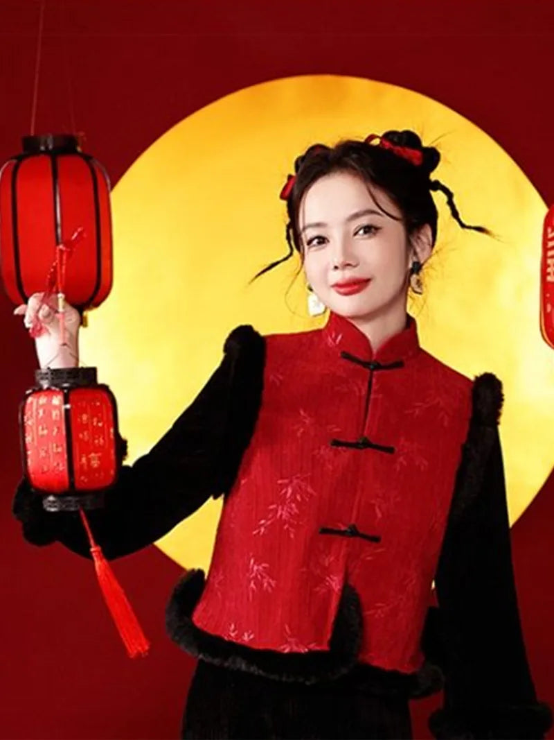 Chinese New Year qipao with red plush vest and black corduroy dress