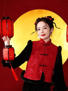 Chinese New Year qipao with red plush vest and black corduroy dress