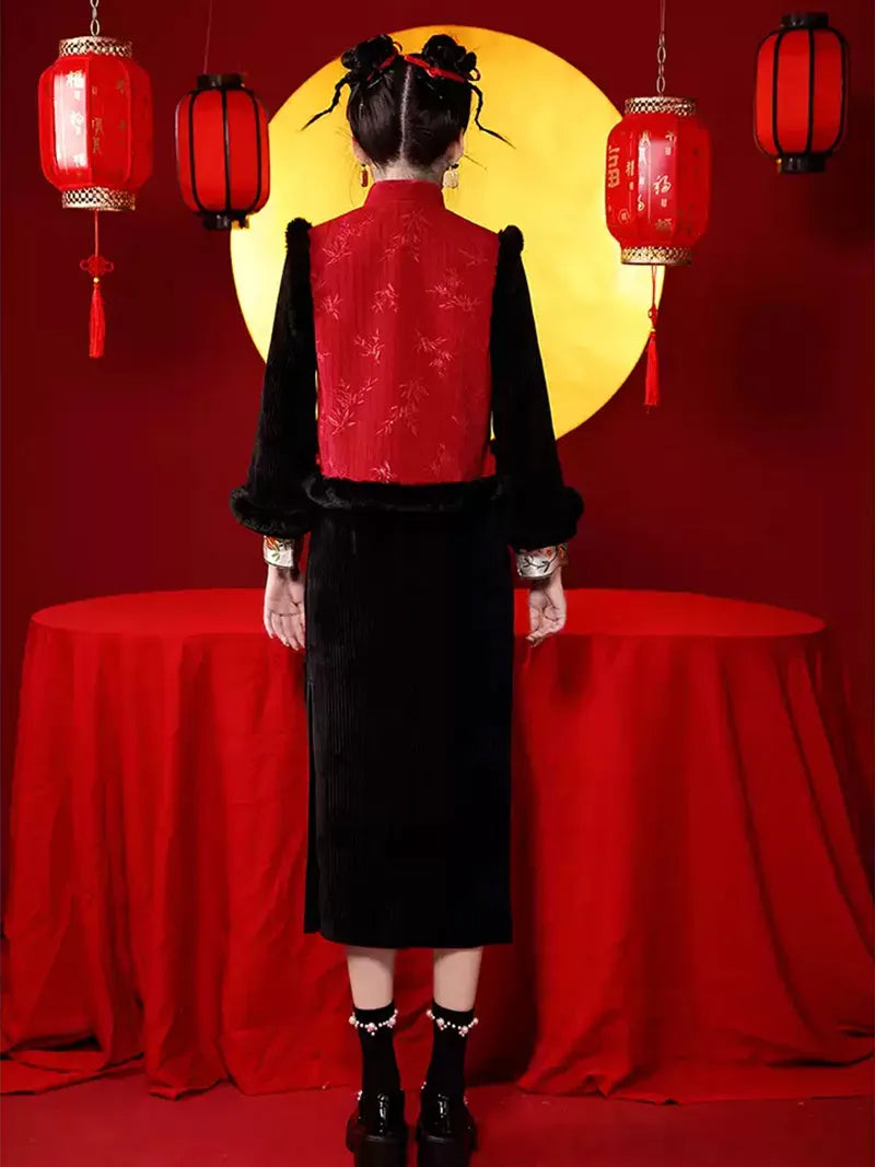 Chinese New Year qipao with red plush vest and black corduroy dress