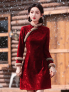 Petite Chinese New Year Red Qipao with vintage collar and sleek festive silhouette
