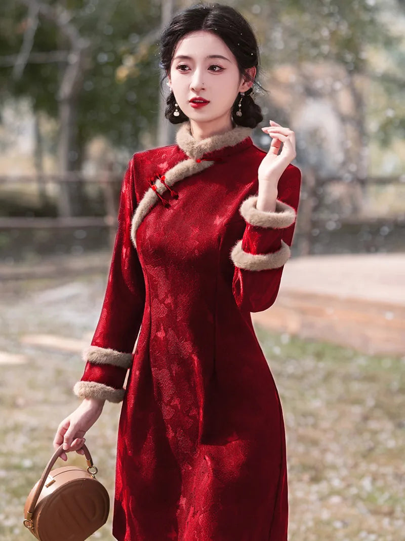Petite Chinese New Year Red Qipao with vintage collar and sleek festive silhouette