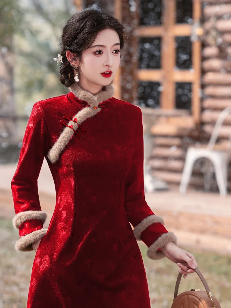 Petite Chinese New Year Red Qipao with vintage collar and sleek festive silhouette