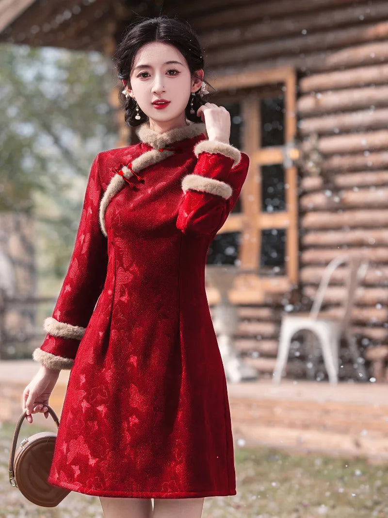 Petite Chinese New Year Red Qipao with vintage collar and sleek festive silhouette