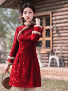Petite Chinese New Year Red Qipao with vintage collar and sleek festive silhouette