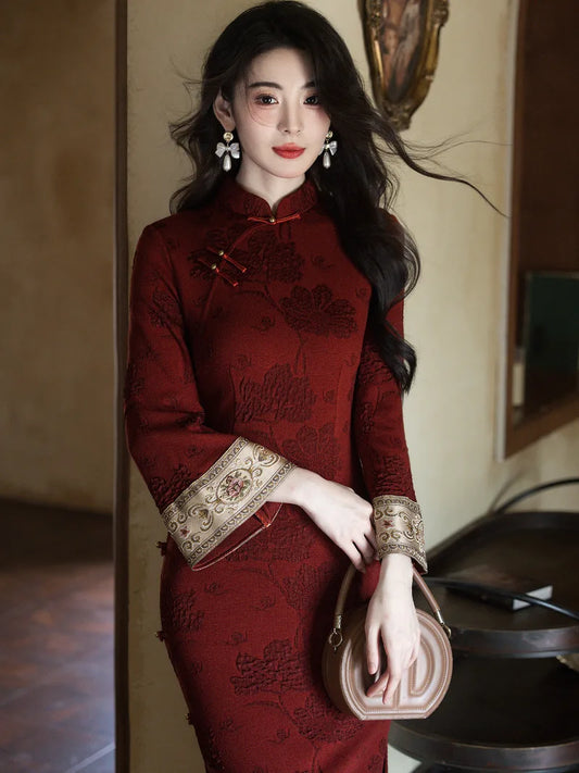Beautiful Red Chinese New Year Qipao Dress for Women in Winter
