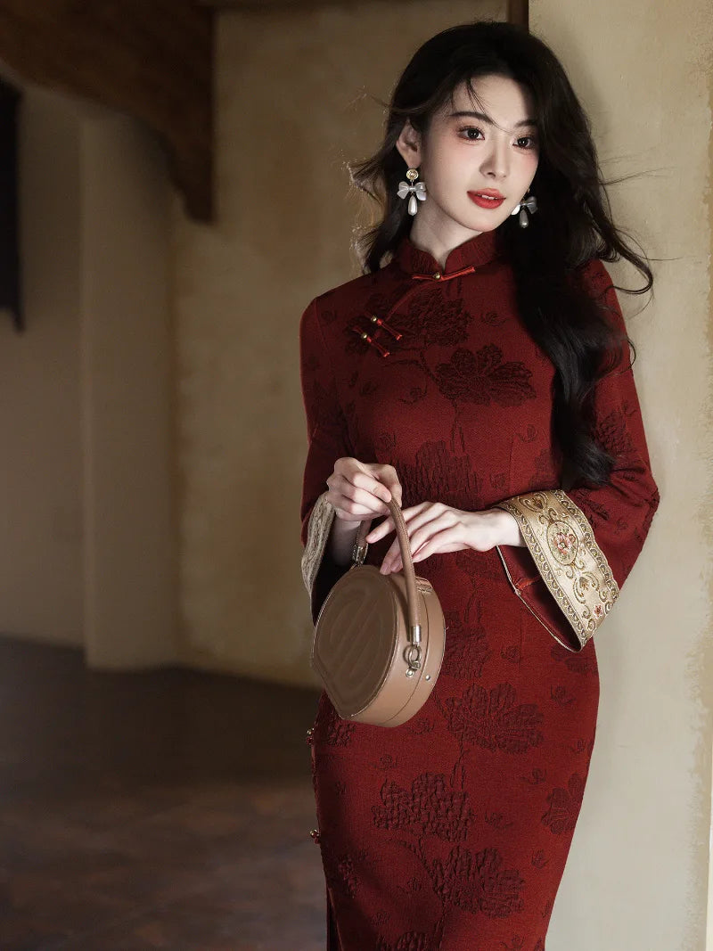Red Chinese New Year Qipao Dress for Women in Winter