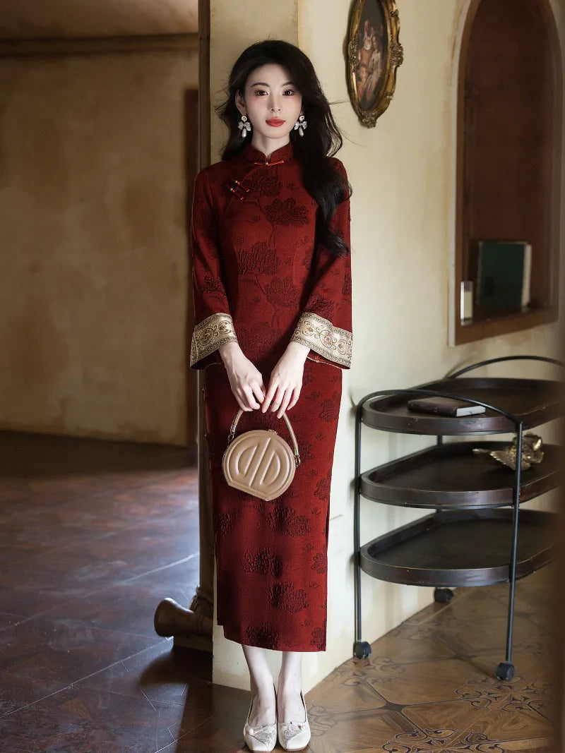 Chinese New Year qipao dress for women with elegant red winter design and refined silhouette