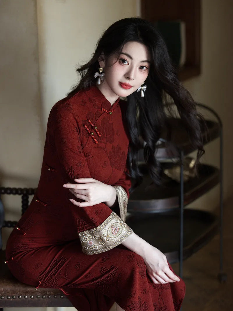 Chinese New Year qipao dress for women with elegant red winter design and refined silhouette