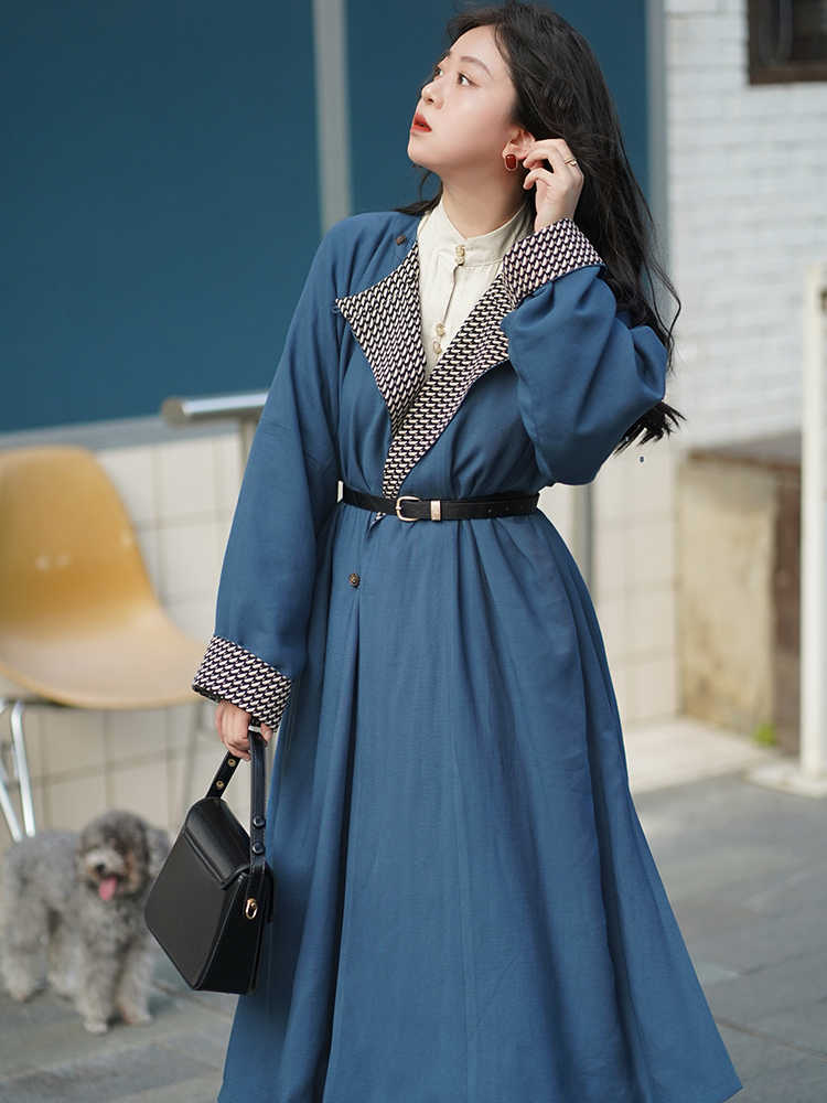 Chinese Style Long Coat Women Round Neck Robe