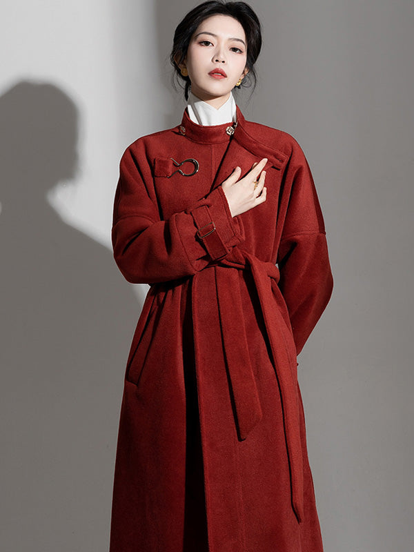 Chinese Style Long Red Coat Round Neck Robe