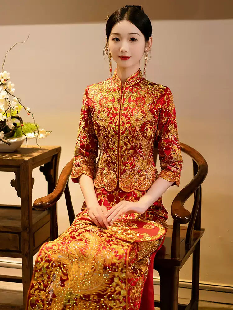 Chinese Dragon Phoenix Wedding Qun Kwa Dress| Gem