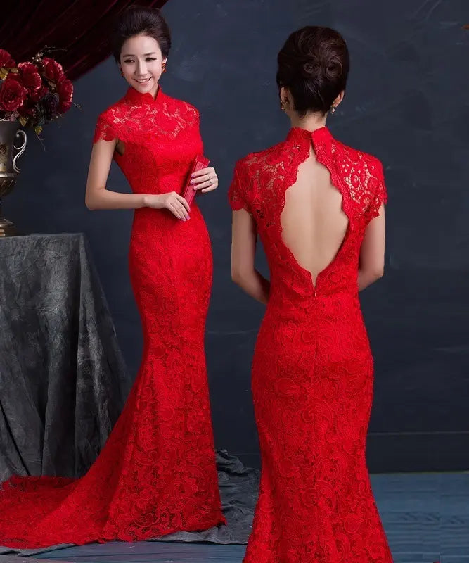 Custom Made  Red Open Back Lace  Cheongsam Qipao With Train
