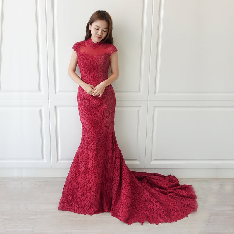 Custom Made Open Back Lace Qipao With Train | Charm