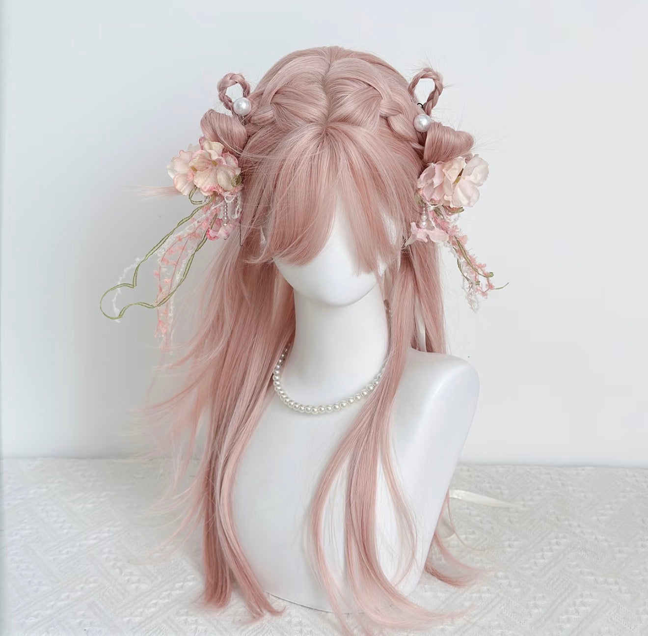 Cherry Blossom Cat Ear Hair Wig Set with Floral Ribbon