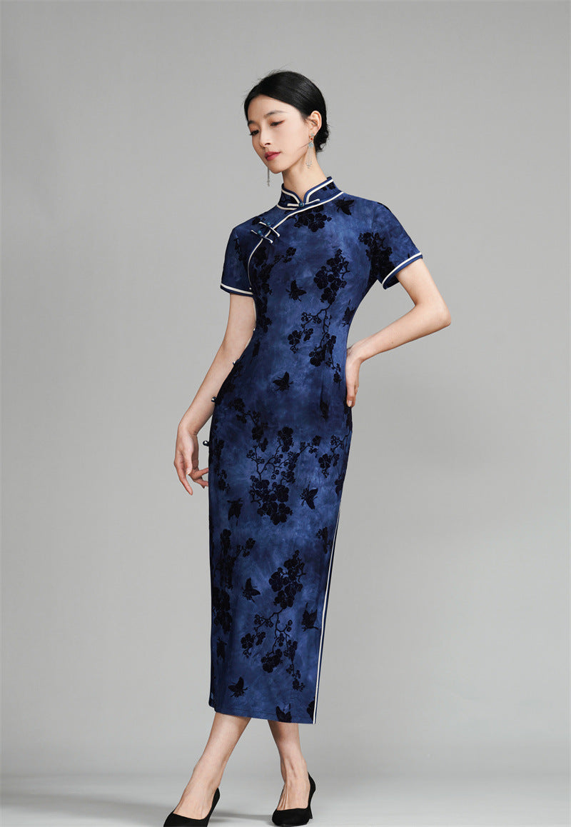 Dark Blue Short Sleeves Floral Velvet Qipao Dress