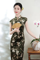 Dark Green Foral Velvet Cap Sleeves Long Qipao Dress | Peony