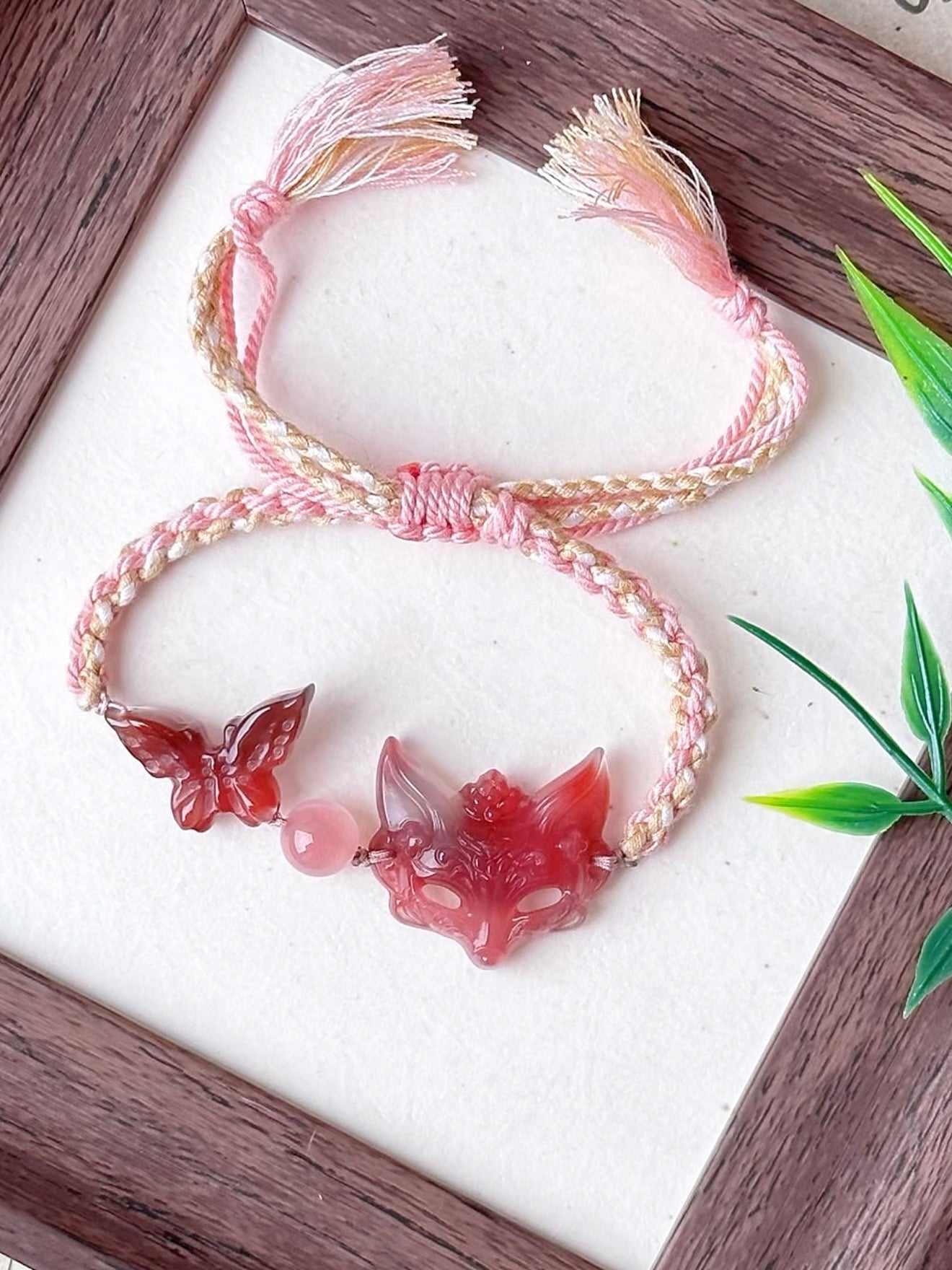 Natural Agate Fox Spirit Bracelet with Hand-Braided Chinese Cord
