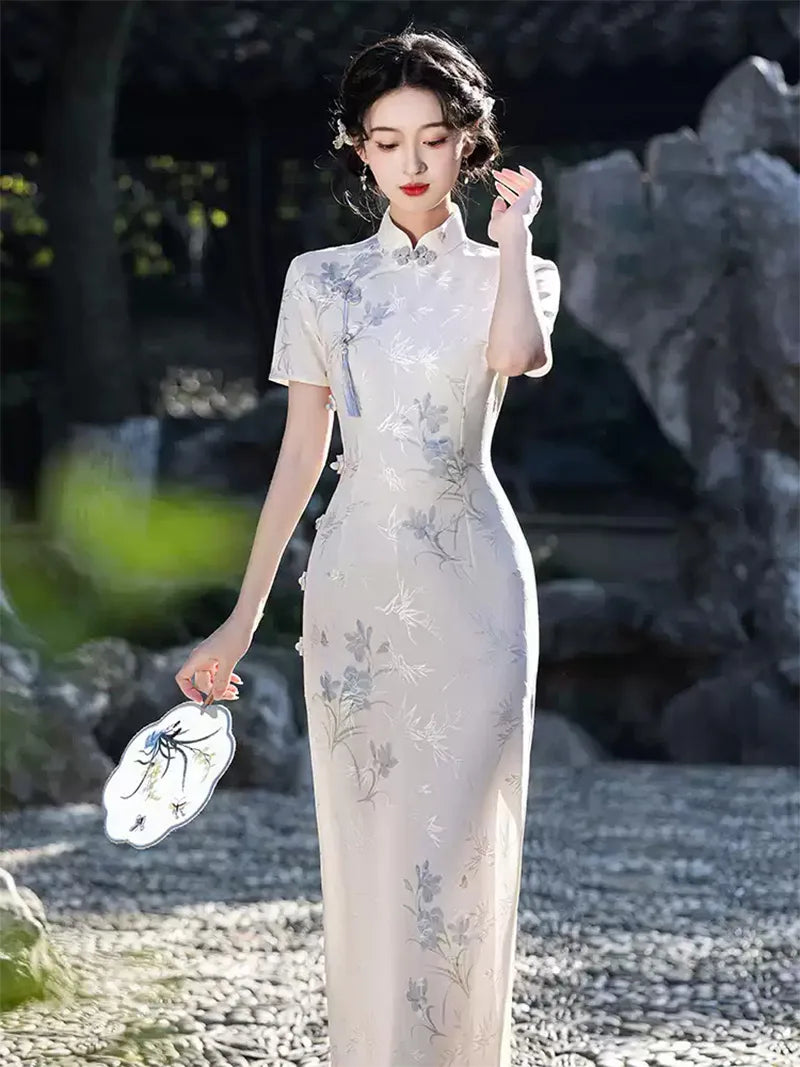 Elegant qipao with long sleeves featuring a refined collar and modern slim-fit silhouette for 2025 style