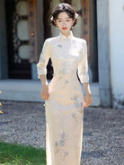 Elegant qipao with long sleeves featuring a refined collar and modern slim-fit silhouette for 2025 style