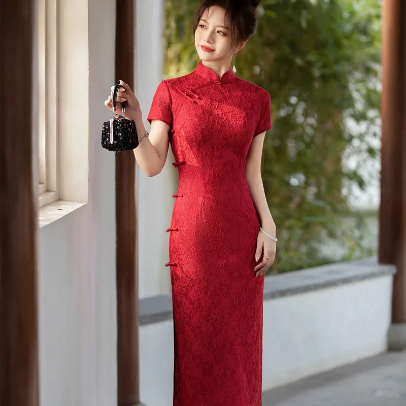 Elegant Red Lace Qipao Cheongsam Dress