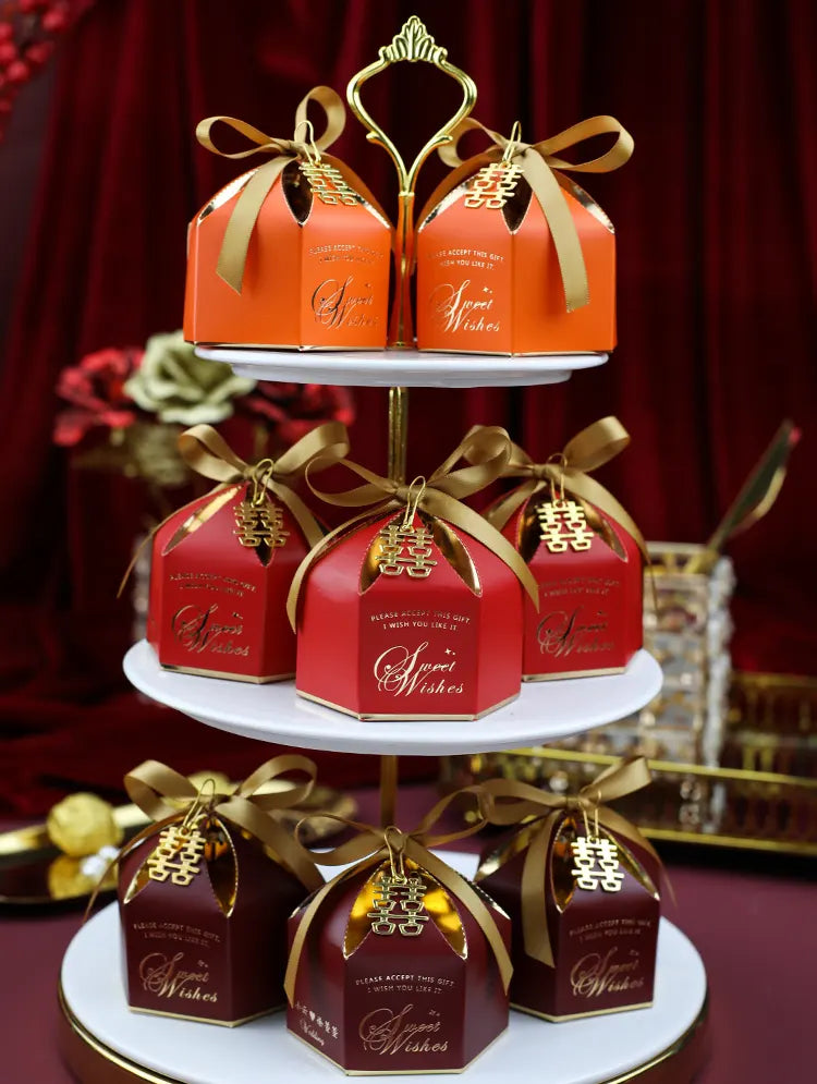 Customizable Hexagon Wedding Favor Boxes with Double Happiness Charm(20pcs)