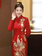 Embroidered wedding cheongsam in red satin with gold phoenix and peony design