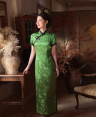 Emerald Forest Green Silk-Blend Qipao with Lace Trim