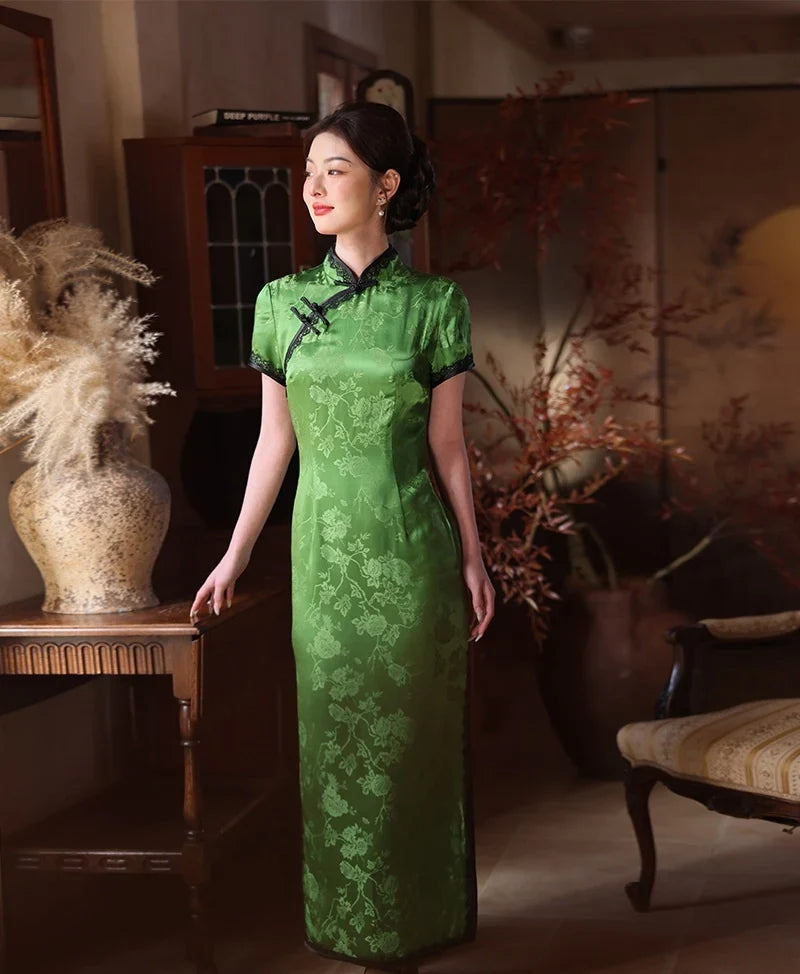 Emerald Forest Green Silk-Blend Qipao with Lace Trim