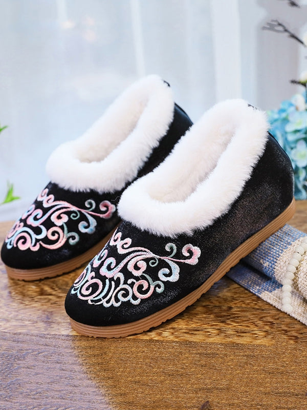 Exquisite Ethnic Embroidered Plush Slippers Womens