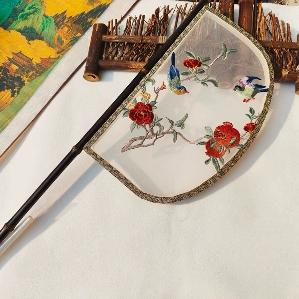 Pomegranate & Songbirds Knife-Shaped Chinese Hand Fan