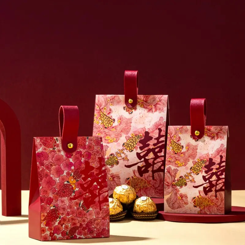 Floral & Koi Fish Double Happiness Wedding Favor Boxes With Handle (20 Boxes)